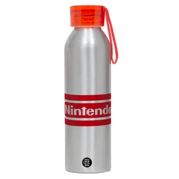 Nintendo, Αλουμινένιο Αθλητικό Μπουκάλι 650ml – Ασημί με Κόκκινο Καπάκι και Λουράκι Σιλικόνης