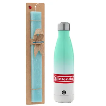 Nintendo, Easter Set, Metallic green/white thermos (Stainless steel), double-walled, 500ml & scented flat Easter candle (30cm) (TURQUOISE)