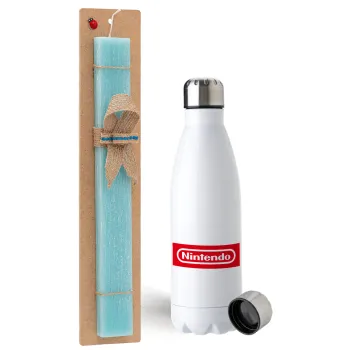 Nintendo, Easter Set, metallic stainless steel water bottle (750ml) & aromatic flat Easter candle (30cm) (TURQUOISE)