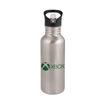 xbox, Water bottle Silver with straw, stainless steel 600ml