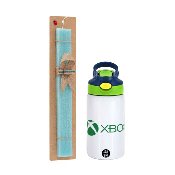 xbox, Easter Set, Children's thermal stainless steel bottle with safety straw, green/blue (350ml) & aromatic flat Easter candle (30cm) (TURQUOISE)