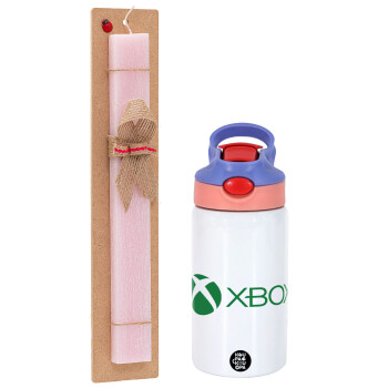 xbox, Easter Set, Children's thermal stainless steel water bottle with safety straw, pink/purple (350ml) & Easter scented flat candle (30cm) (PINK)