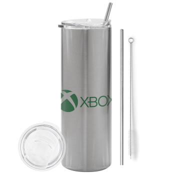 xbox, Eco friendly ποτήρι θερμό Ασημένιο (tumbler) από ανοξείδωτο ατσάλι 600ml, με μεταλλικό καλαμάκι & βούρτσα καθαρισμού