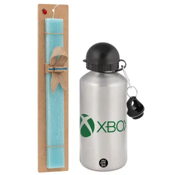 xbox, Easter Set, metallic silver aluminum water bottle (500ml) & scented flat Easter candle (30cm) (TURQUOISE)