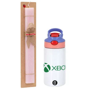 xbox, Easter Set, Children's thermal stainless steel water bottle with safety straw, pink/purple (350ml) & Easter scented flat candle (30cm) (PINK)