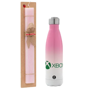 xbox, Πασχαλινή Λαμπάδα με Μεταλλικό παγούρι θερμός Ροζ/Λευκό (Stainless steel), διπλού τοιχώματος, 500ml & κερί αρωματικό πλακέ (30cm) (ΡΟΖ)