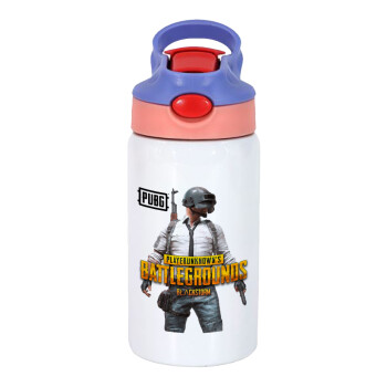 PUBG battleground royale, Children's hot water bottle, stainless steel, with safety straw, pink/purple (350ml)