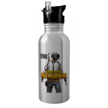PUBG battleground royale, Water bottle Silver with straw, stainless steel 600ml