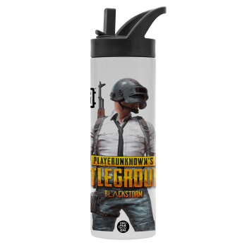 PUBG battleground royale, Μεταλλικό παγούρι θερμός με καλαμάκι & χειρολαβή, ανοξείδωτο ατσάλι (Stainless steel 304), διπλού τοιχώματος, 600ml