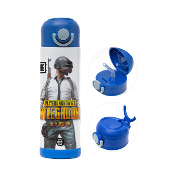 PUBG battleground royale, Children's hot water bottle, stainless steel, with safety straw, BLUE (500ml)