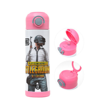 PUBG battleground royale, Children's hot water bottle, stainless steel, with safety straw, PINK (500ml)