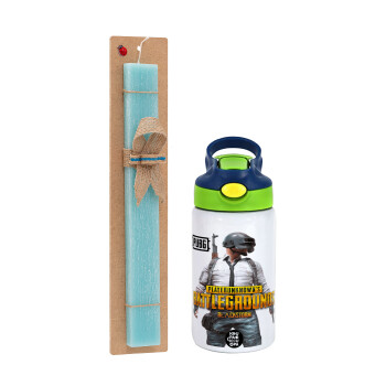 PUBG battleground royale, Easter Set, Children's thermal stainless steel bottle with safety straw, green/blue (350ml) & aromatic flat Easter candle (30cm) (TURQUOISE)