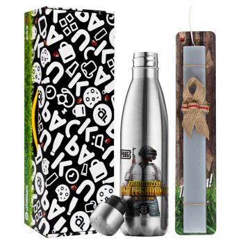 PUBG battleground royale, Easter Set, metallic stainless thermos flask (500ml) & scented flat Easter candle (30cm) (GRAY)