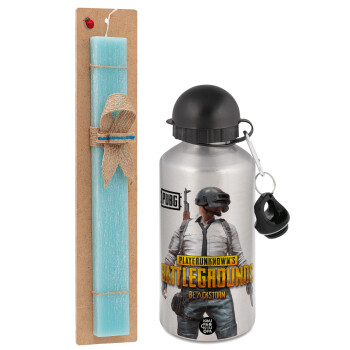 PUBG battleground royale, Easter Set, metallic silver aluminum water bottle (500ml) & scented flat Easter candle (30cm) (TURQUOISE)
