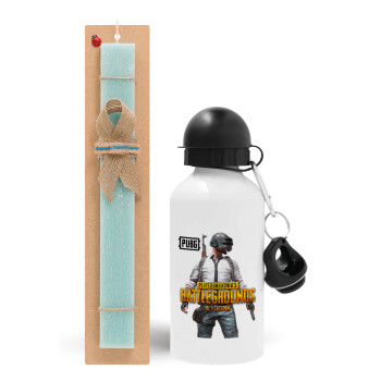 PUBG battleground royale, Easter Set, metallic aluminum water bottle (500ml) & scented flat candle (30cm) (TURQUOISE)