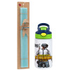 Easter Set, Children's thermal stainless steel bottle with safety straw, green/blue (350ml) & aromatic flat Easter candle (30cm) (TURQUOISE)