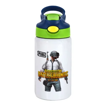 PUBG battleground royale, Children's hot water bottle, stainless steel, with safety straw, green, blue (350ml)