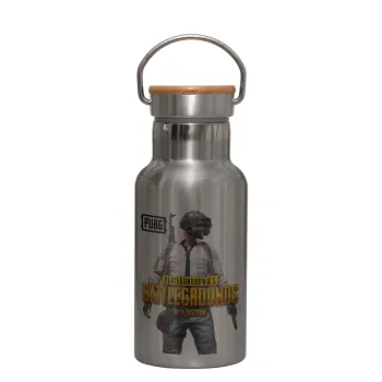 PUBG battleground royale, Μεταλλικό παγούρι θερμός (Stainless steel) Ασημένιο με ξύλινο καπακι (bamboo), διπλού τοιχώματος, 350ml