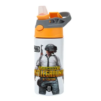 PUBG battleground royale, Children's hot water bottle, stainless steel, with safety straw, Orange/Grey (360ml) BPA-FREE