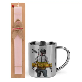PUBG battleground royale, Easter Set, metallic thermal cup (300ml) & aromatic flat Easter candle (30cm) (PINK)