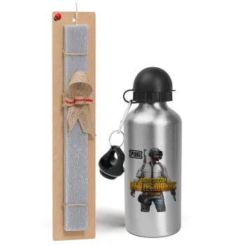 PUBG battleground royale, Easter Set, metallic silver aluminum water bottle (500ml) & aromatic flat Easter candle (30cm) (GRAY)