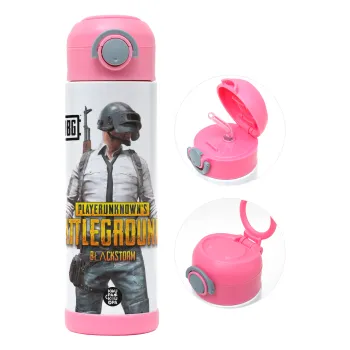 PUBG battleground royale, Children's hot water bottle, stainless steel, with safety straw, PINK (500ml)