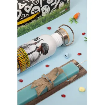 PUBG battleground royale, Easter Set, metallic silver aluminum water bottle (500ml) & scented flat Easter candle (30cm) (TURQUOISE)