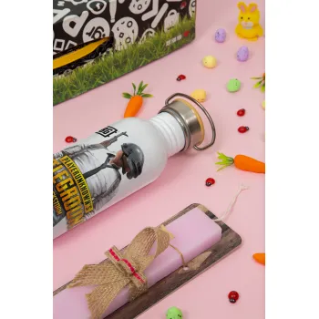 PUBG battleground royale, Πασχαλινή Λαμπάδα με παγούρι μεταλλικό (620ml, stainless steel) & κερί αρωματικό πλακέ (30cm) (ΡΟΖ)