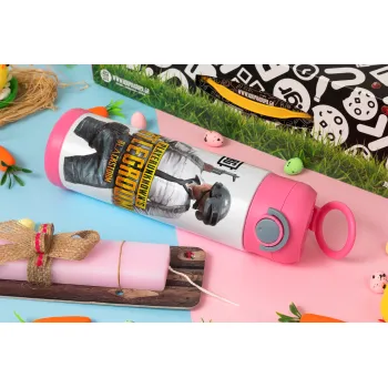 PUBG battleground royale, Easter candle, Childrens hot water bottle, stainless steel, with safety straw, PINK (500ml)