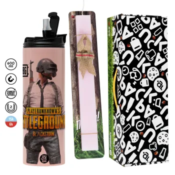 PUBG battleground royale, Easter candle,Travel Tumbler 2 Lids, with metal straw & cleaning brush & aromatic flat candle (30cm) (PINK)