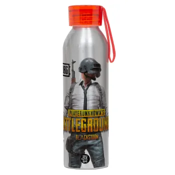 PUBG battleground royale, Αλουμινένιο Αθλητικό Μπουκάλι 650ml – Ασημί με Κόκκινο Καπάκι και Λουράκι Σιλικόνης