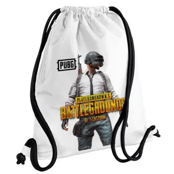 PUBG battleground royale, Backpack pouch GYMBAG white, with pocket (40x48cm) & thick cords