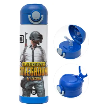 PUBG battleground royale, Children's hot water bottle, stainless steel, with safety straw, BLUE (500ml)