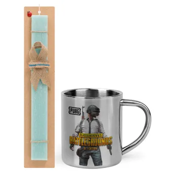 PUBG battleground royale, Πασχαλινή Λαμπάδα με μεταλλική κούπα θερμό (300ml) & κερί αρωματικό πλακέ (30cm) (ΤΙΡΚΟΥΑΖ)