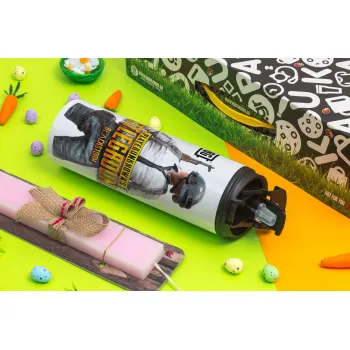 PUBG battleground royale, Πασχαλινή Λαμπάδα με Travel Tumbler θερμό με διπλό καπάκι (600ml, BPA free) & κερί αρωματικό πλακέ (30cm) (ΡΟΖ)