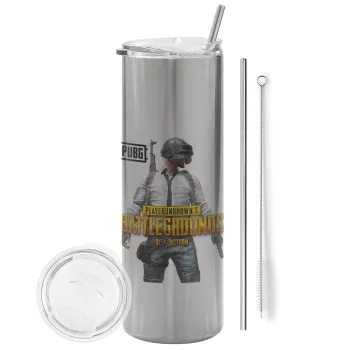 PUBG battleground royale, Tumbler ποτήρι θερμό Ασημένιο από ανοξείδωτο ατσάλι 600ml, με μεταλλικό καλαμάκι & βούρτσα καθαρισμού