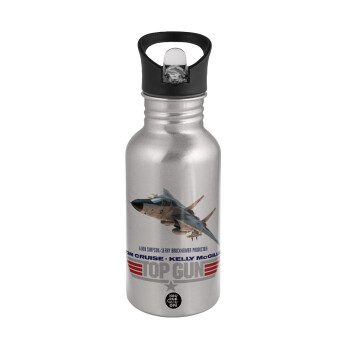 Top Gun, Water bottle Silver with straw, stainless steel 500ml