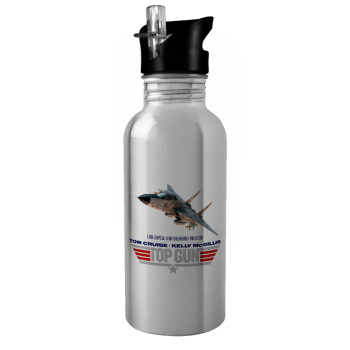 Top Gun, Water bottle Silver with straw, stainless steel 600ml