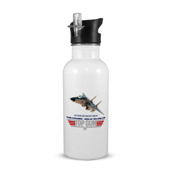 Top Gun, White water bottle with straw, stainless steel 600ml