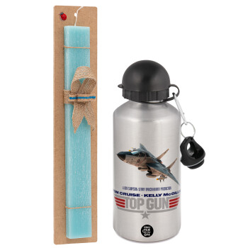 Top Gun, Easter Set, metallic silver aluminum water bottle (500ml) & scented flat Easter candle (30cm) (TURQUOISE)