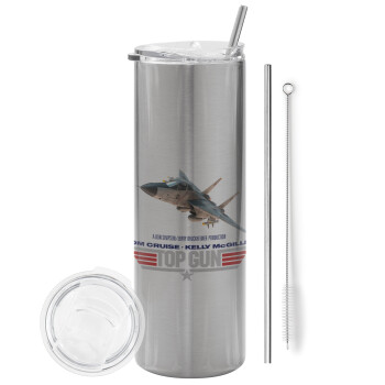 Top Gun, Eco friendly stainless steel Silver tumbler 600ml, with metal straw & cleaning brush