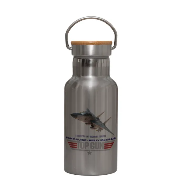 Top Gun — Stainless steel metallic thermos flask, silver with a bamboo lid, double-walled, 350ml.