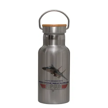 Top Gun, Stainless steel metallic thermos flask, silver with a bamboo lid, double-walled, 350ml.