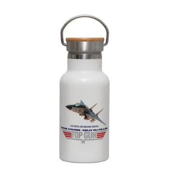 Top Gun, Μεταλλικό παγούρι θερμός (Stainless steel) Λευκό με ξύλινο καπακι (bamboo), διπλού τοιχώματος, 350ml