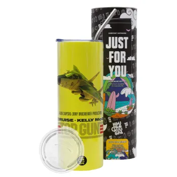 Top Gun, Neon Yellow Travel Tumbler θερμό, μεταλλικό καλαμάκι(Ανωξείδωτο 304 Food grade, BPA free, 600ml)