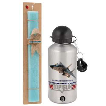 Top Gun, Easter Set, metallic silver aluminum water bottle (500ml) & scented flat Easter candle (30cm) (TURQUOISE)