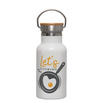 Let's cooking, Metallic thermos (Stainless steel) White with wooden lid (bamboo), double-walled, 350ml