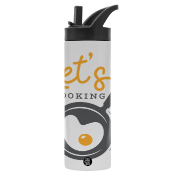 Let's cooking, Metallic thermos bottle with straw & handle, stainless steel (Stainless steel 304), double-walled, 600ml.