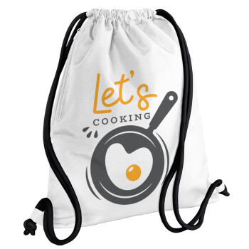 Let's cooking, Backpack pouch GYMBAG white, with pocket (40x48cm) & thick cords