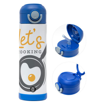Let's cooking, Children's hot water bottle, stainless steel, with safety straw, BLUE (500ml)